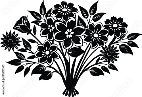 AI generated Silhouette spring flower bouquet tied with ribbon black color only