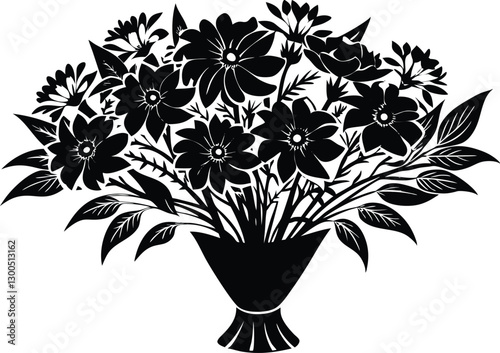 AI generated Silhouette spring flower bouquet tied with ribbon black color only