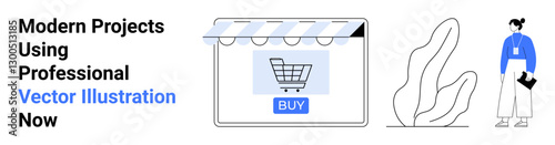Digital shopfront with shopping cart icon and Buy button, accompanied by a stylish person. Ideal for e-commerce, retail, marketing, business, shopping, online services, and web design flat landing