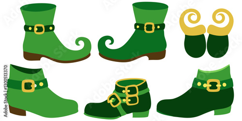 A set of detailed leprechaun shoes in various styles, including classic curled toes, modern boots, and decorative shoe buckles, isolated on a white background.
