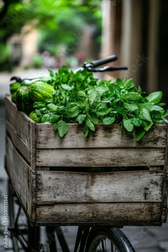 Bicycle stands still with a rustic wooden basket overflowing with vibrant green vegetables. This reflects a healthy lifestyle, emphasizing local production and self-sufficiency.
