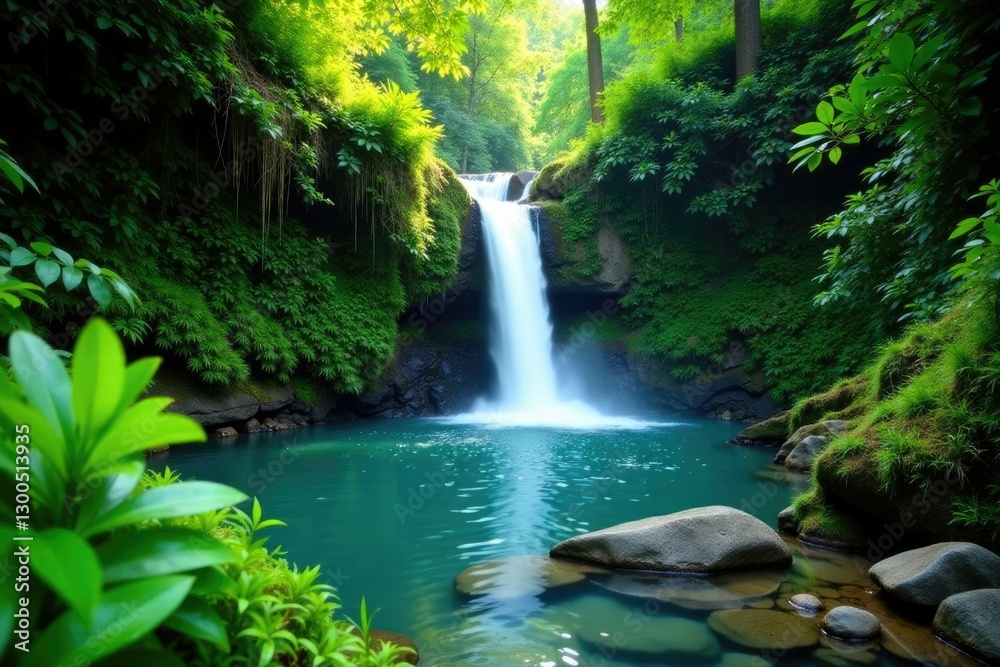 Lush greenery surrounds serene waterfall cascading into crystal clear stream, waterfalls, plants, scenery Lush greenery surrounds serene waterfall cascading into crystal clear stream, waterfalls, plants, scenery