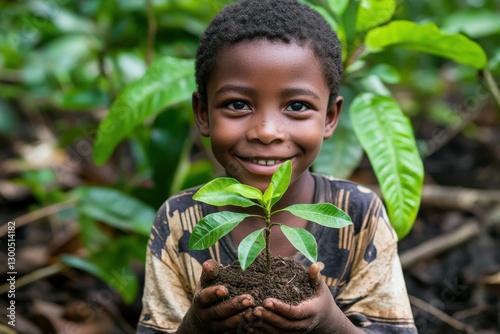 Smiling African boy holds small plant while standing in lush green surroundings promoting environmental awareness and the importance of tree planting for a sustainable future