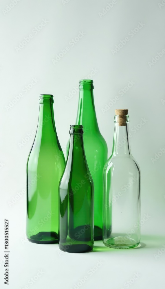 Glass bottles stacked neatly on a plain white surface, objects, clean Glass bottles stacked neatly on a plain white surface, objects, clean