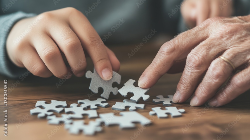 Connection between generations as child and grandparent enjoy a puzzle together in a warm, cozy setting. Connection between generations as child and grandparent enjoy a puzzle together in a warm, cozy setting.