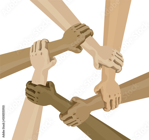 Hands of people of different nationalities Multiethnic holding each other. The concept of friendship and equality. Teamwork rejecting racism despite different skin color, ethnicity, cult solidarity