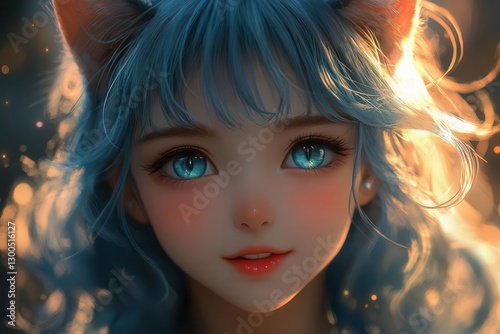 a cheerful anime girl with fluffy cat ears bright expressive eyes and a radiant smile pastel color palette soft lighting kawaii style