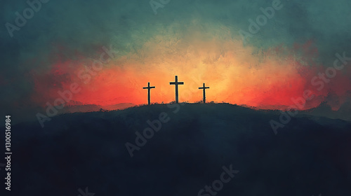Easter family decoration celebration outdoor setting artistic crosses at sunset symbolizing renewal and hope