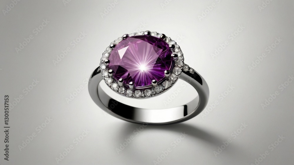 Purple Gemstone Ring Surrounded By Diamonds Isolated on White Background in a Studio Setting Making for an Expensive Engagement or Wedding Ring Purple Gemstone Ring Surrounded By Diamonds Isolated on White Background in a Studio Setting Making for an Expensive Engagement or Wedding Ring