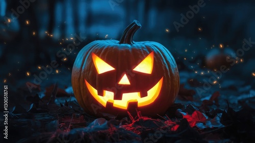 Wallpaper Mural Haunting Halloween Pumpkin in Mysterious Forest – Glowing Jack-o'-Lantern with Eerie Face and Magical Floating Particles for Dark, Spooky, and Horror-Themed Visuals Torontodigital.ca