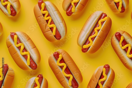 Colorful hot dogs with mustard arranged on a bright yellow background create a fun and vibrant food pattern perfect for summer gatherings or picnics