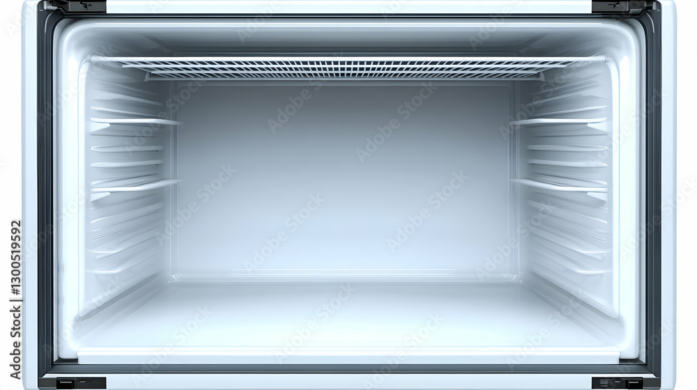Fototapeta premium Empty Modern Refrigerator Interior with Bright Lighting and Clean Lines Showcasing Spacious Storage in a Minimalist Kitchen Environment