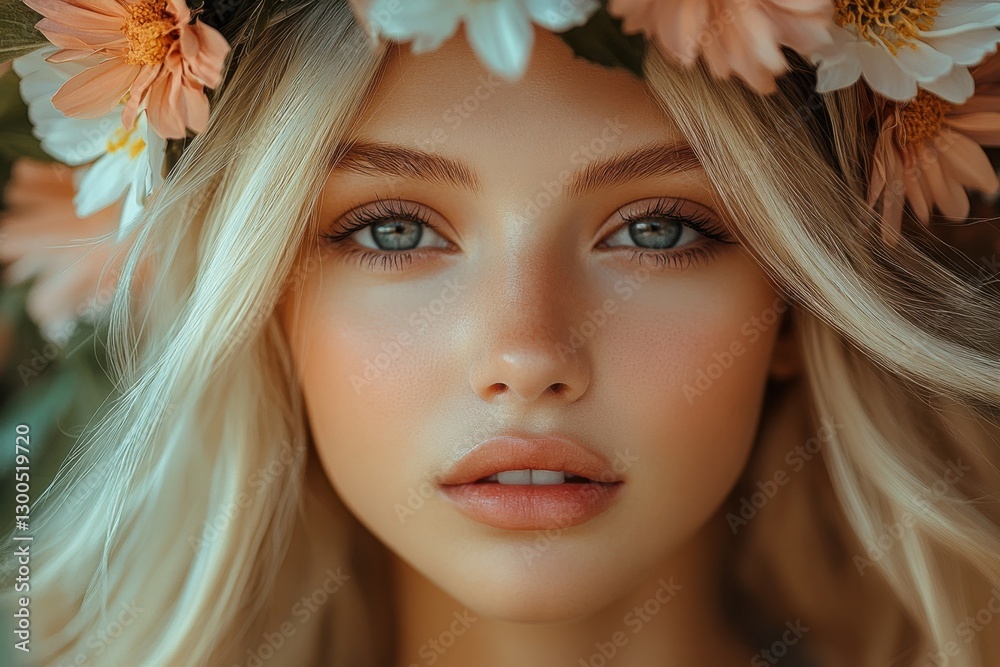 Naklejka premium Portrait of a young woman with a floral crown surrounded by natural greenery during golden hour