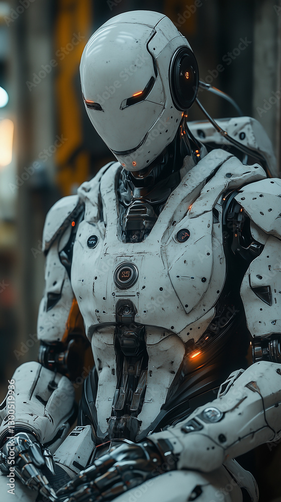 Fototapeta premium A highly advanced humanoid AI robot working in an industrial environment, wearing a futuristic work suit, mechanical arms with precision tools, advanced robotics technology