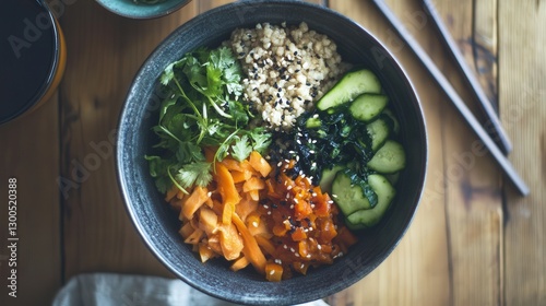 balanced macrobiotic meal with miso, fermented vegetables, and whole grains