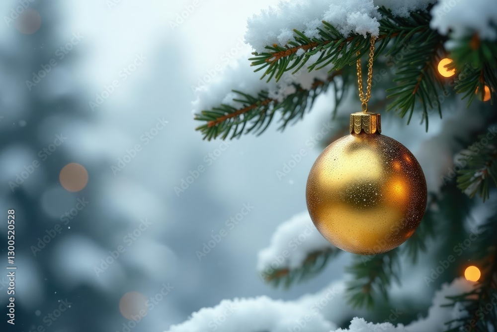 Obraz premium Golden ornament ball chain hanging from the ceiling above a snow-covered tree, pendant light, wintery scene, christmas tree