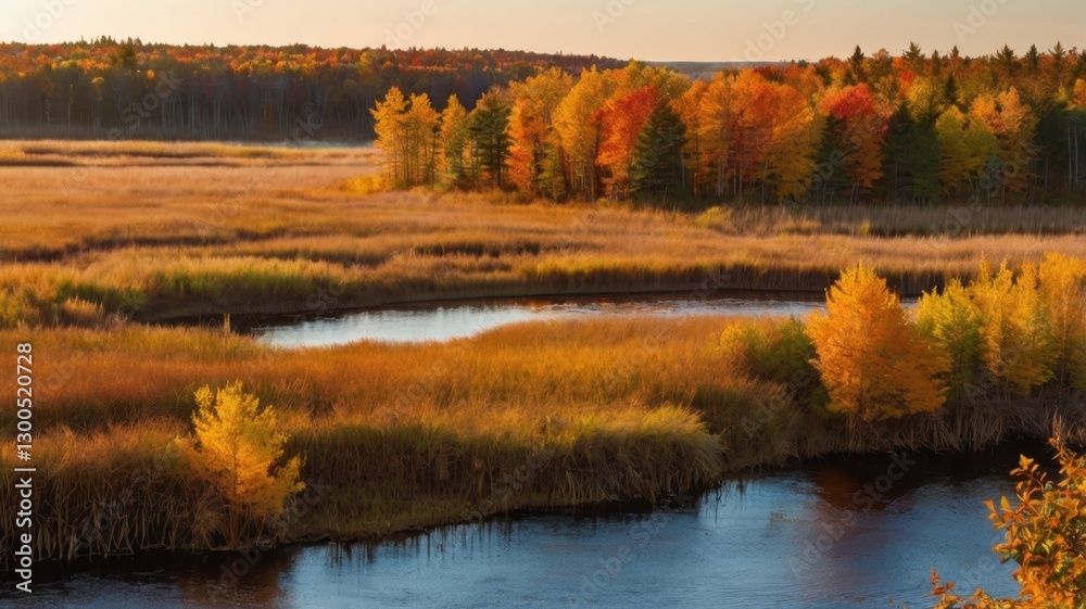 Vibrant Autumn Landscape Featuring Colorful Trees and Grasses Reflecting in Water Under Bright Daylight Vibrant Autumn Landscape Featuring Colorful Trees and Grasses Reflecting in Water Under Bright Daylight