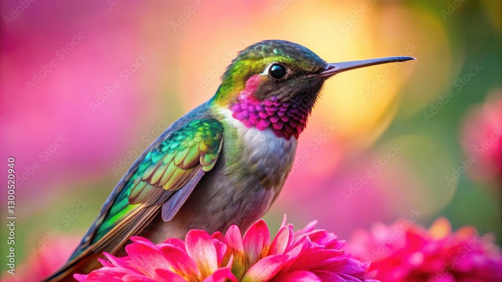 A close-up portrait of a rare and colorful hummingbird perched on a bright pink flower, its iridescent feathers glowing in the sunlight, blue, hummingbird