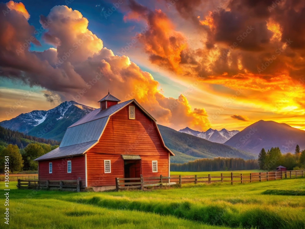 Golden hour illuminates a rustic red barn nestled in idyllic mountains. Golden hour illuminates a rustic red barn nestled in idyllic mountains.
