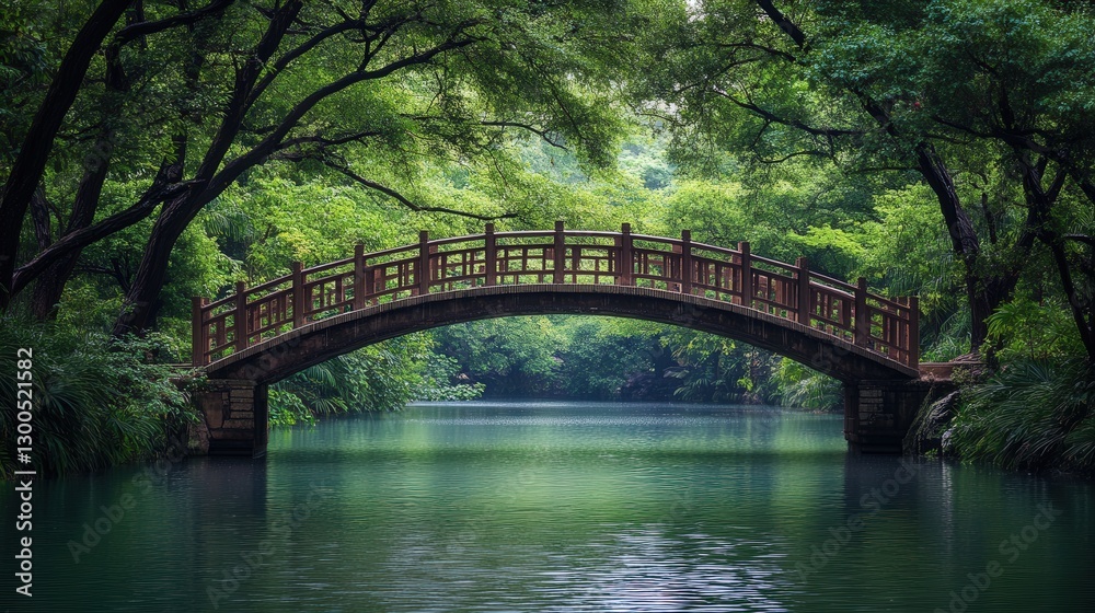 bridge that crosses a serene river with rain trees growing on both sides. bridge that crosses a serene river with rain trees growing on both sides.