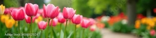 Pink tulips in a garden with greenery and flowers, nature, gardening