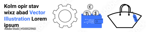 Gear symbolizing technology, digital wallet with currency coins, and handbag. Ideal for fintech, e-commerce, fashion, productivity, innovation, consumer trends and online shopping flat landing page