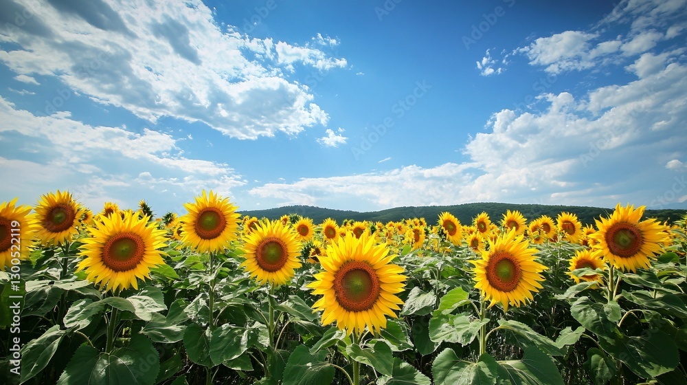 Fototapeta premium Golden Beauty: Stunning Sunflower Field in Full Bloom Captured Under a Bright Summer Sky