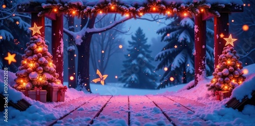 Snowy wooden stage with a festive centerpiece, decorations, purple, winter