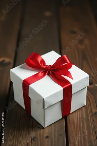 White gift box with red ribbon on a rustic wooden table, wrapped gift, present box, gift