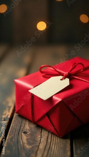 Gift wrapped in red paper with a tag on a wooden table, Holiday, Voucher, Gift