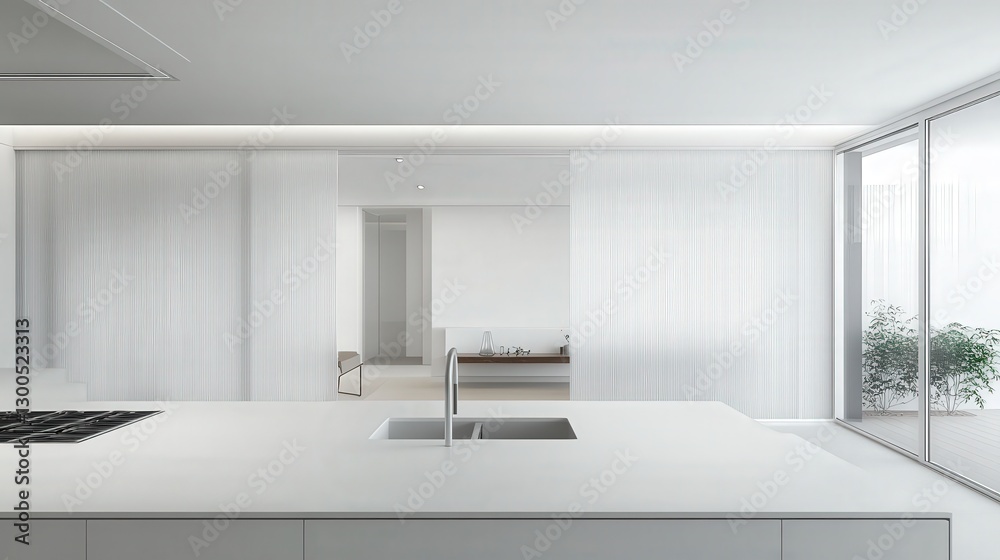 clean, minimal kitchen with white counters and a folding screen against a white wall. The soft, natural light fills the space