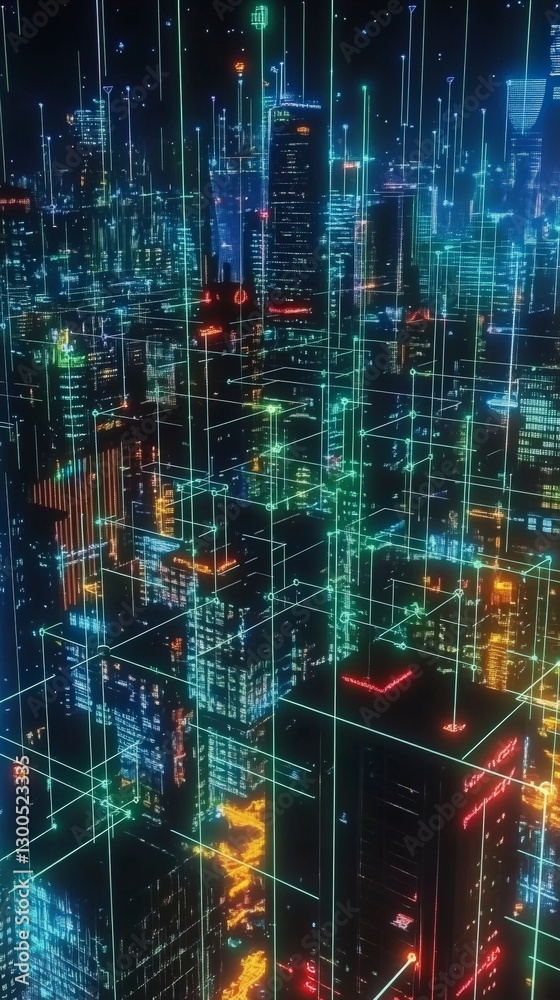 Futuristic glowing city with neon grid light network Futuristic glowing city with neon grid light network