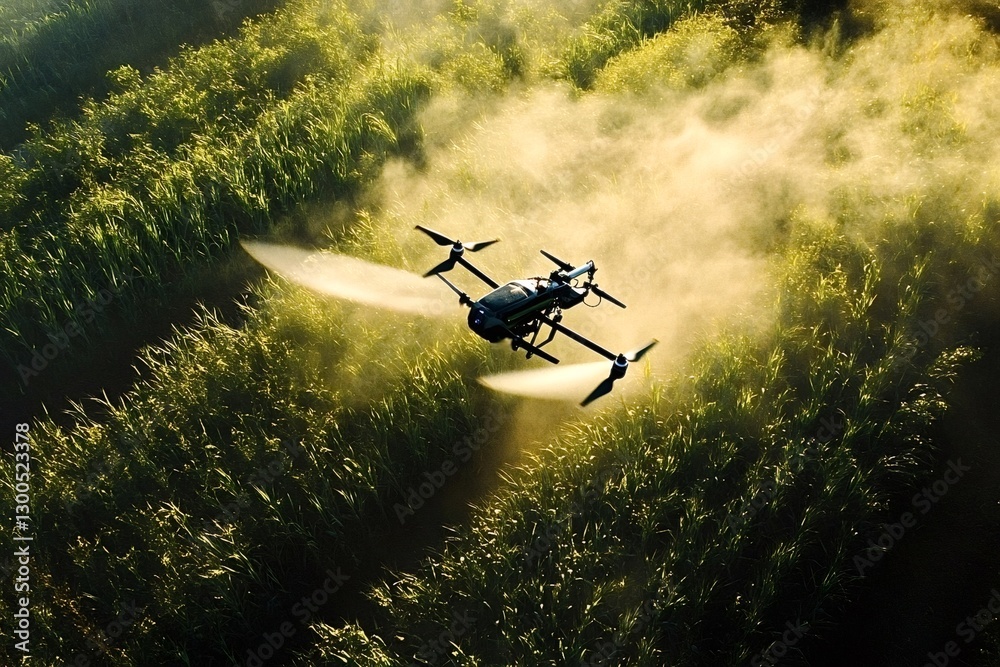 Fototapeta premium Modern agriculture utilizes drones for precision spraying of pesticides on vast green fields, enhancing efficiency and crop protection during the golden hour of sunset