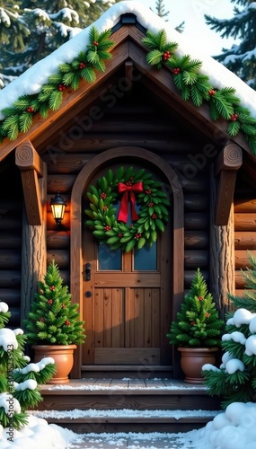 A fragrant fir wreath crowns the arched entrance to a cozy cabin, cabin, evergreen