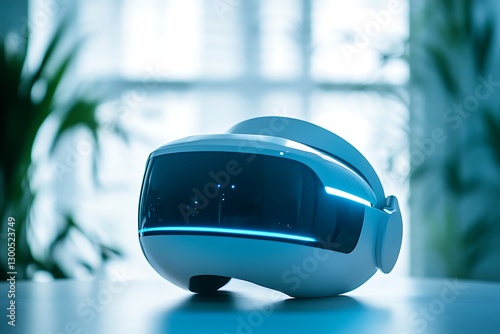 Futuristic virtual reality headset glowing with blue light on a table