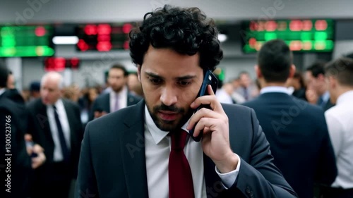 A young stockbroker in a suit looks concerned while talking on his phone in a busy stock market.
