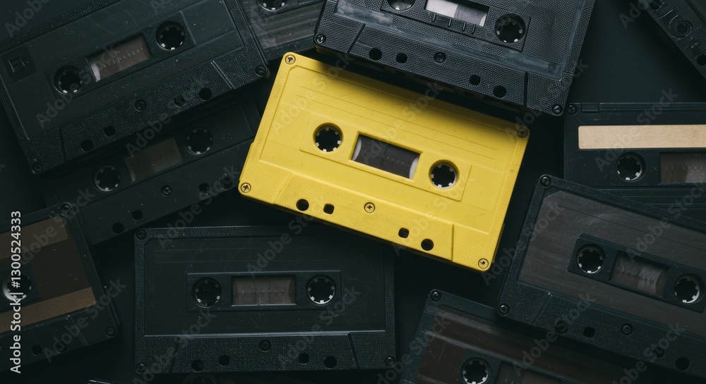 Obraz premium Arrangement of Vintage Audio Cassettes with a Vibrant Yellow Cassette Highlighted