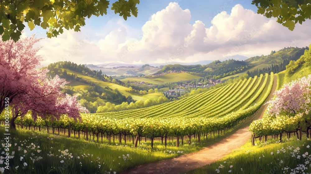 Fototapeta premium idyllic spring vineyard with rolling green hills and blossoming grapevines.