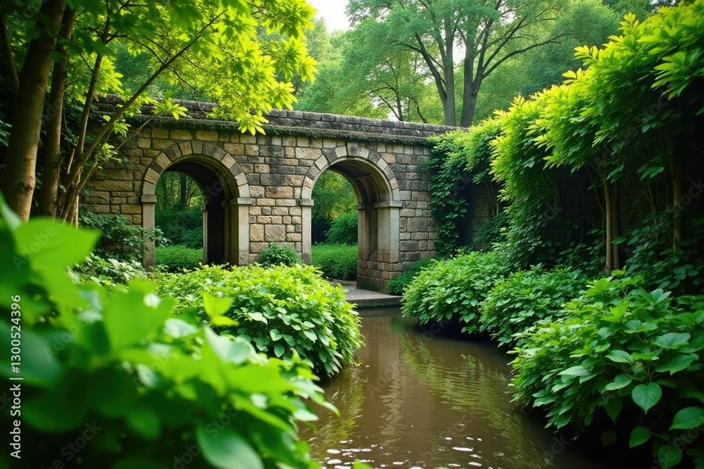 Lush greenery surrounds ancient stone structures in Padua botanical garden, vegetation, foliage, garden Lush greenery surrounds ancient stone structures in Padua botanical garden, vegetation, foliage, garden