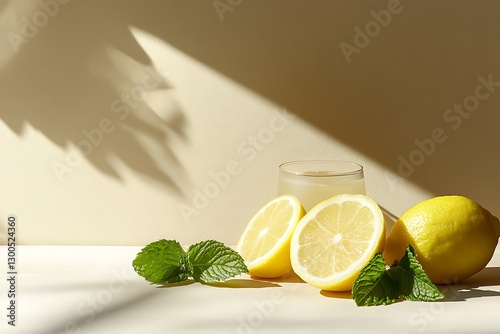 A refreshing still life of a glass of lemonade surrounded by fresh lemons and mint leaves, illuminated by warm sunlight and cast shadows