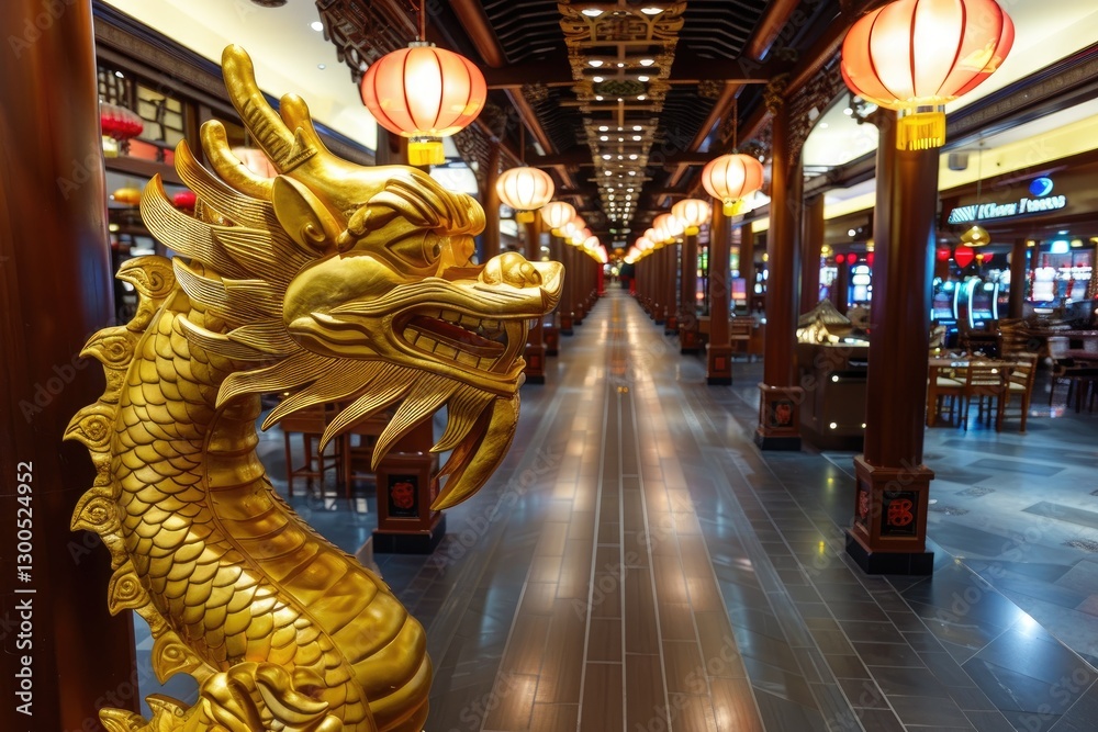 Fototapeta premium Exploring golden dragon statues in vibrant casino entertainment district photography indoor close-up cultural significance
