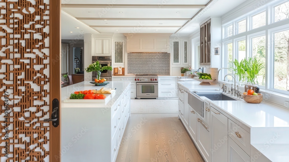 kitchen with sleek white counters and a folding screen near a white wall. kitchen with sleek white counters and a folding screen near a white wall.