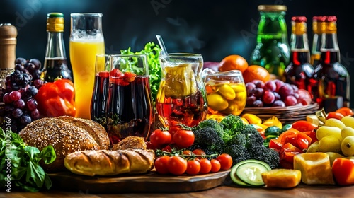 A colorful still life of food and drinks. Fresh produce, baked goods, and various beverages are artfully arranged.