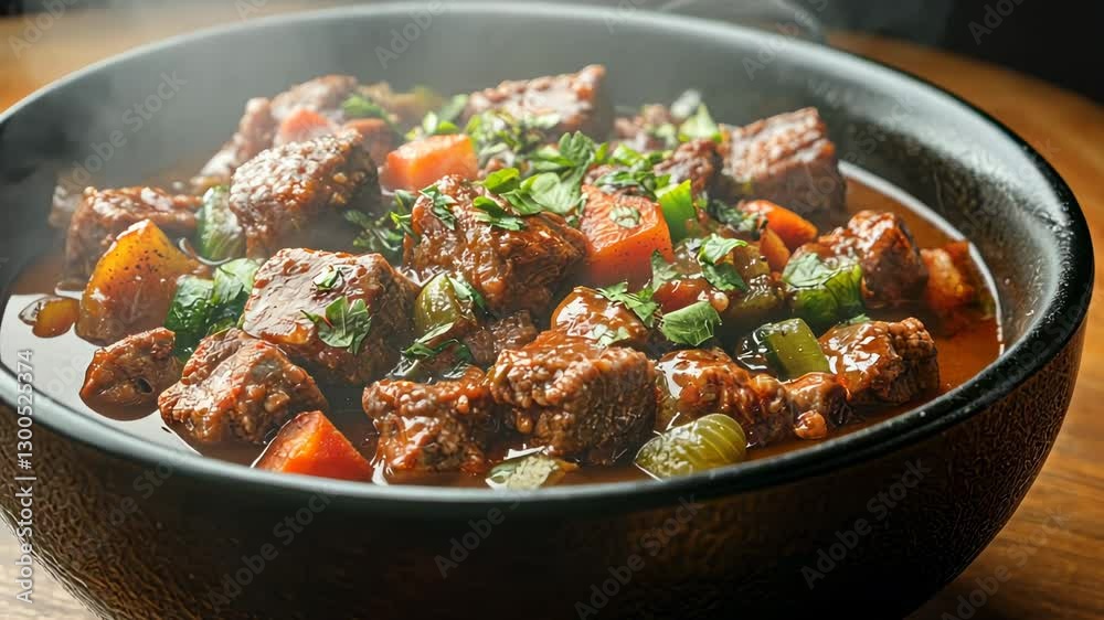 Steaming Hot Beef Stew in a Dark Bowl Steaming Hot Beef Stew in a Dark Bowl