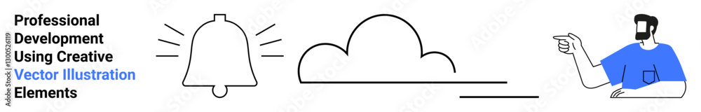 Notification bell with sound lines, minimalist cloud, and person gesturing forward. Ideal for communication, innovation, teamwork, goal-setting, brainstorming, technology flat landing page banner Notification bell with sound lines, minimalist cloud, and person gesturing forward. Ideal for communication, innovation, teamwork, goal-setting, brainstorming, technology flat landing page banner