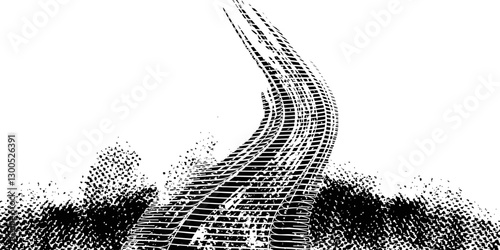 Grunge tire track, wheel braking marks. Truck, car or motorcycle tread pattern silhouette. Auto race, motorsport, speed racing design element. Vector illustration