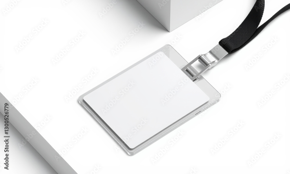 blank badge ID mockup on white surface, ideal for customization and design. sleek design features lanyard for easy wear, perfect for events or identification purposes