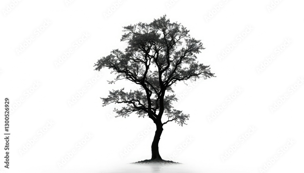 Obraz premium A lone, majestic tree stands silhouetted against a pure white backdrop, minimalist, art