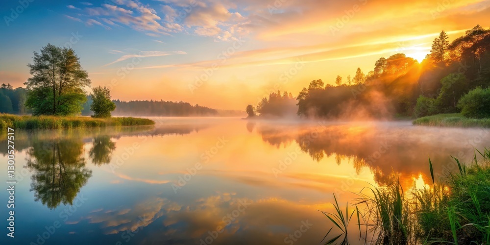 Obraz premium serene lake at dawn with misty fog and lush greenery surrounding the water's edge, reflecting the warm hues of sunrise , greenery
