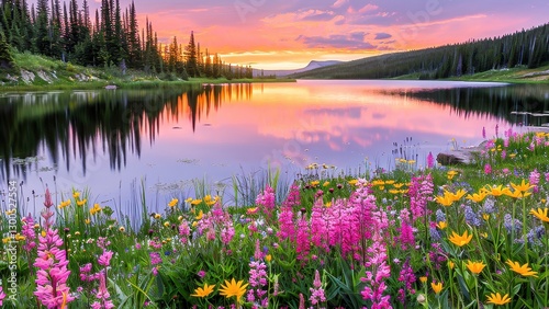 Fototapeta Naklejka Na Ścianę i Meble -  A breathtaking landscape of a serene lake surrounded by vibrant wildflowers and lush greenery at sunset, reflecting the pink and orange sky.